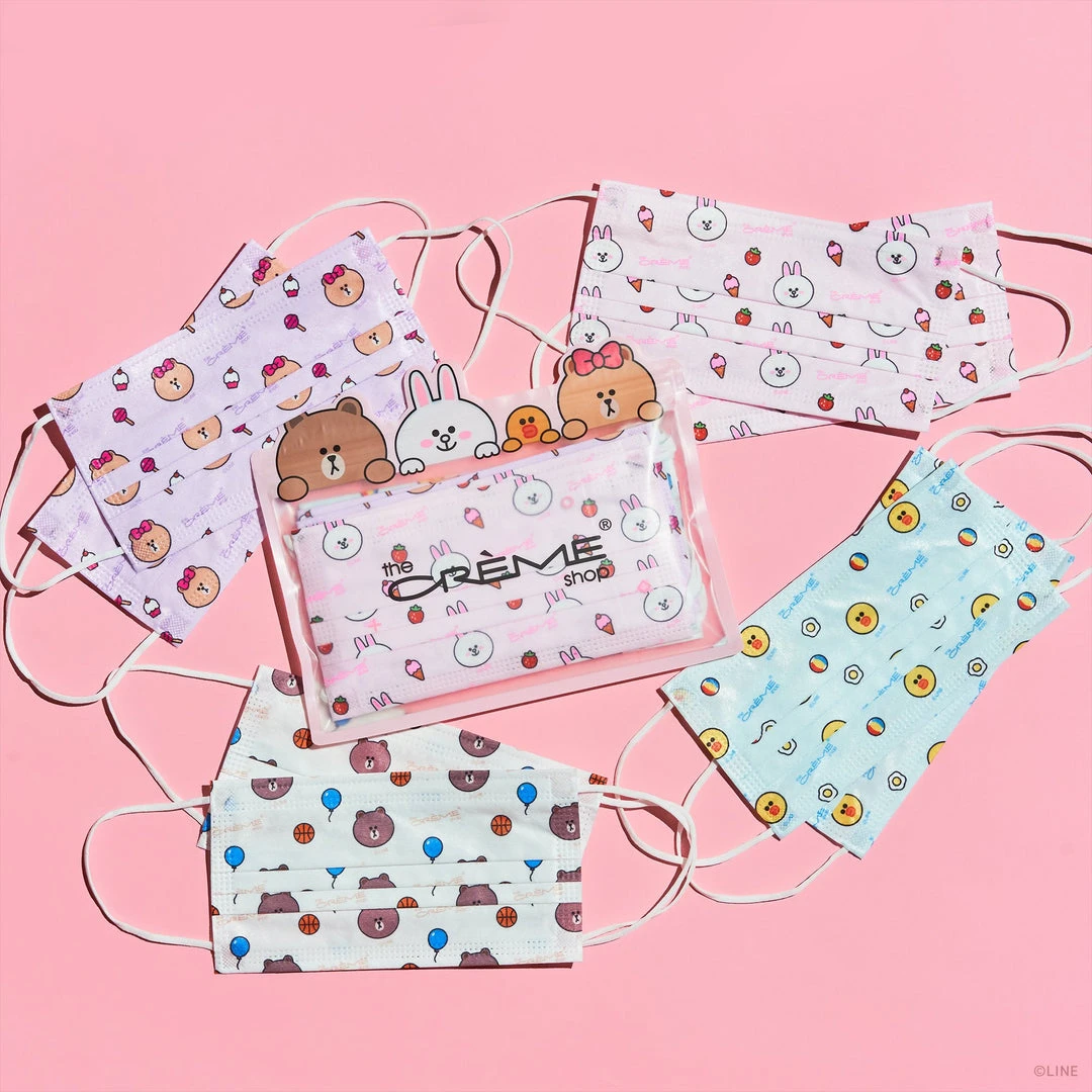 The Crème Shop X LINE FRIENDS LINE Friends Assorted 3-Ply Disposable Face Masks (Set Of 16) + 2 Reusable Pouches 1 The Crème Shop X LINE FRIENDS LINE Friends Assorted 3-Ply Disposable Face Masks (Set Of 16) + 2 Reusable Pouches