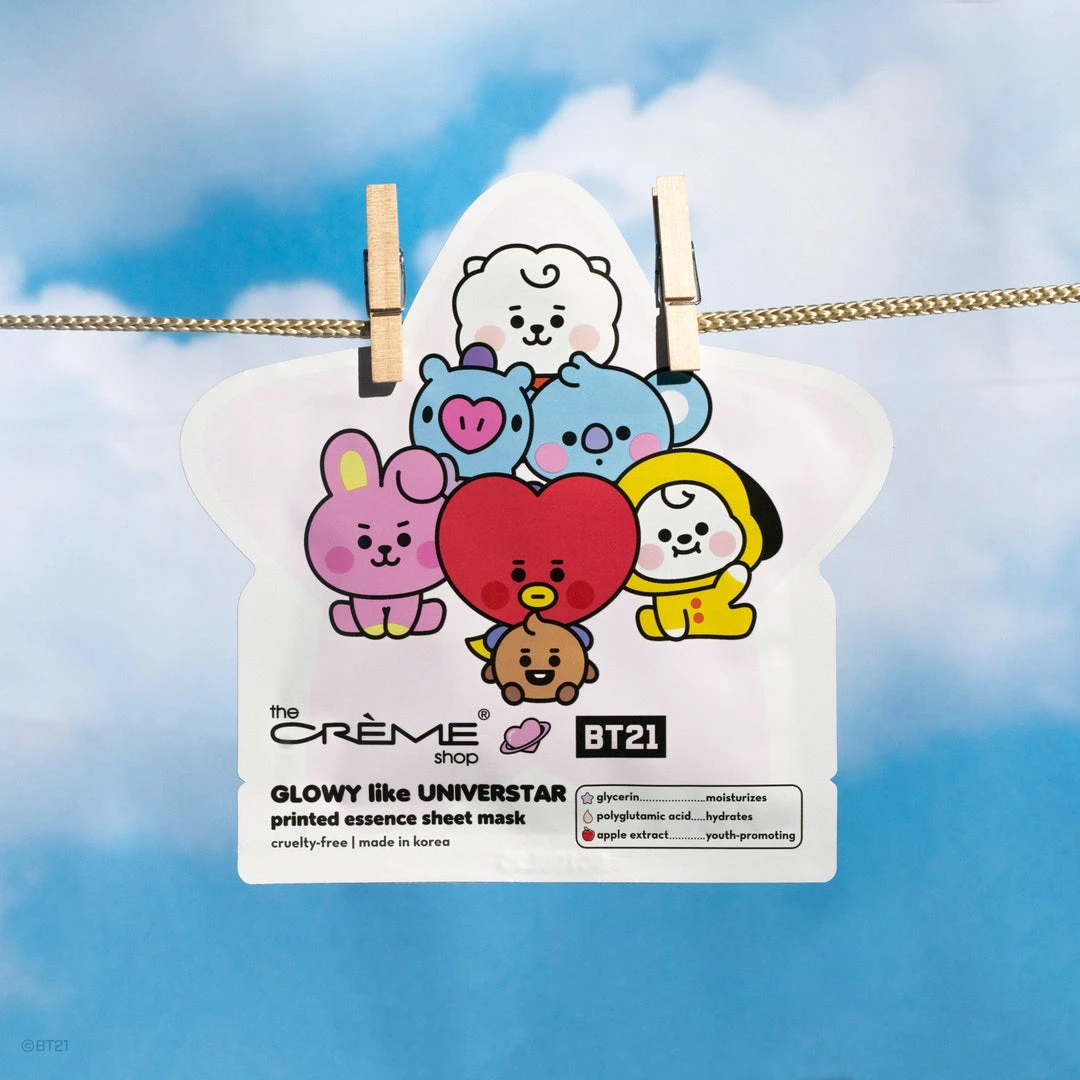 The Crème Shop X BT21 BABY GLOWY Like UNIVERSTAR Printed Essence Sheet Mask (Glycerin, Polyglutamic Acid, Apple Extract) New Arrivals 1 The Crème Shop X BT21 BABY GLOWY Like UNIVERSTAR Printed Essence Sheet Mask (Glycerin, Polyglutamic Acid, Apple Extract) New Arrivals
