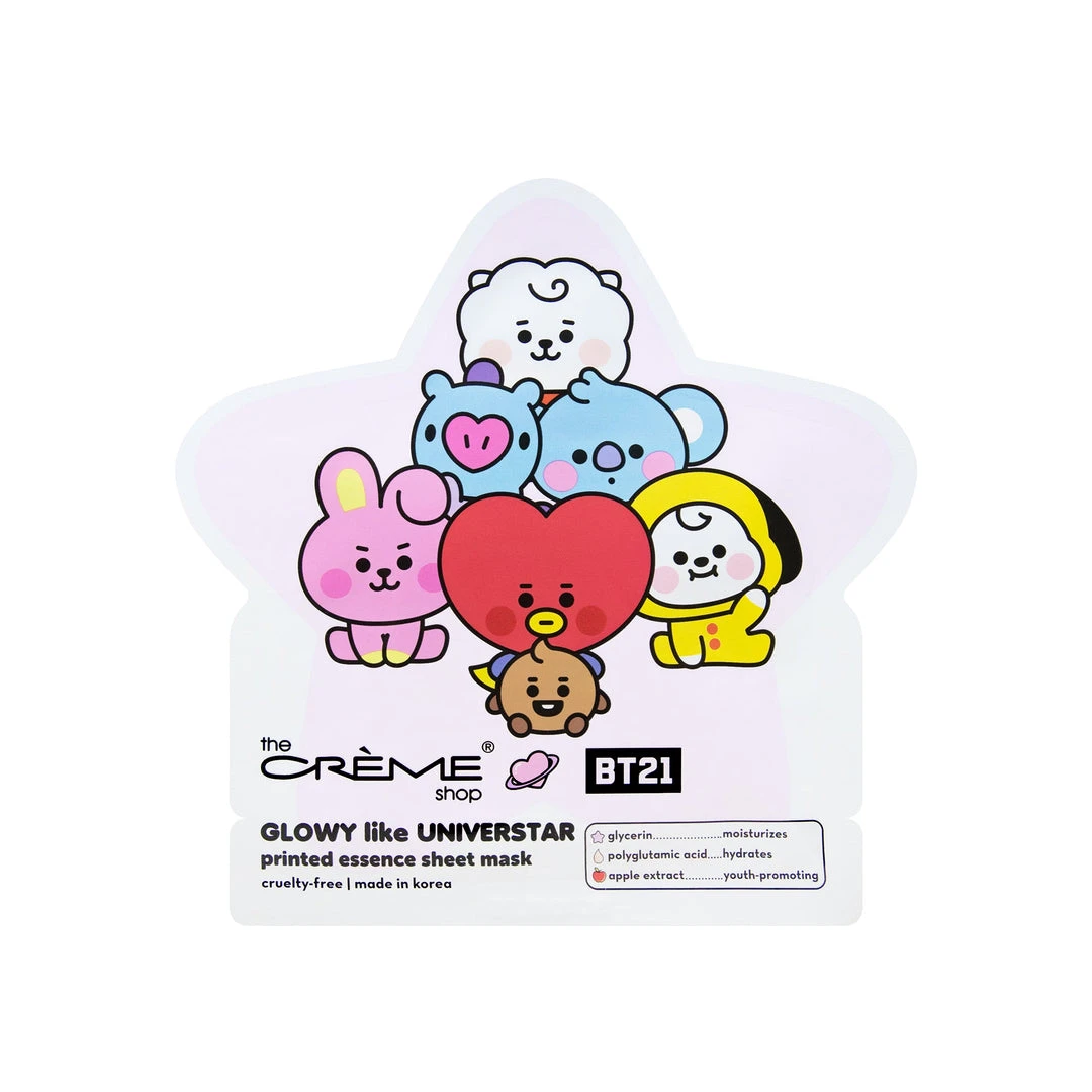 The Crème Shop X BT21 BABY GLOWY Like UNIVERSTAR Printed Essence Sheet Mask (Glycerin, Polyglutamic Acid, Apple Extract) New Arrivals 3 The Crème Shop X BT21 BABY GLOWY Like UNIVERSTAR Printed Essence Sheet Mask (Glycerin, Polyglutamic Acid, Apple Extract) New Arrivals